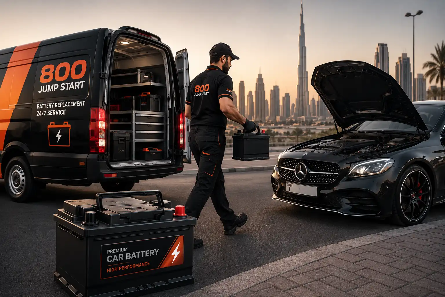 An 800 Jump Start battery replacement van with its rear doors open, a technician carrying a replacement car battery to a black Mercedes with its bonnet raised, and the Burj Khalifa on the Dubai skyline behind